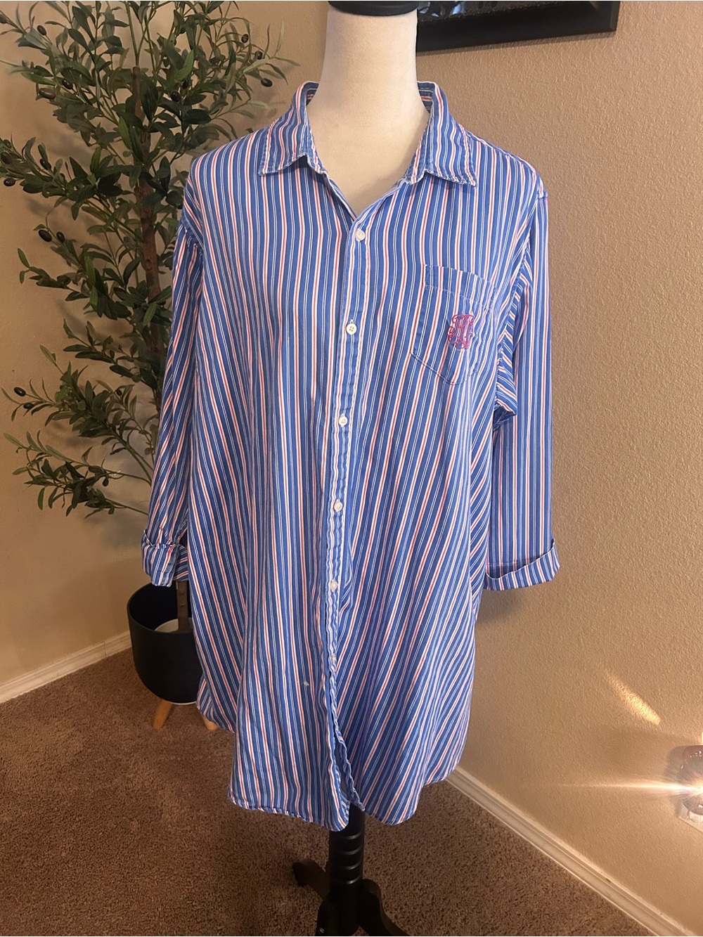 Lauren Ralph Lauren Button Up Sleep Shirt Blue Pink Stripes Women’s Size XL - Picture 9 of 11